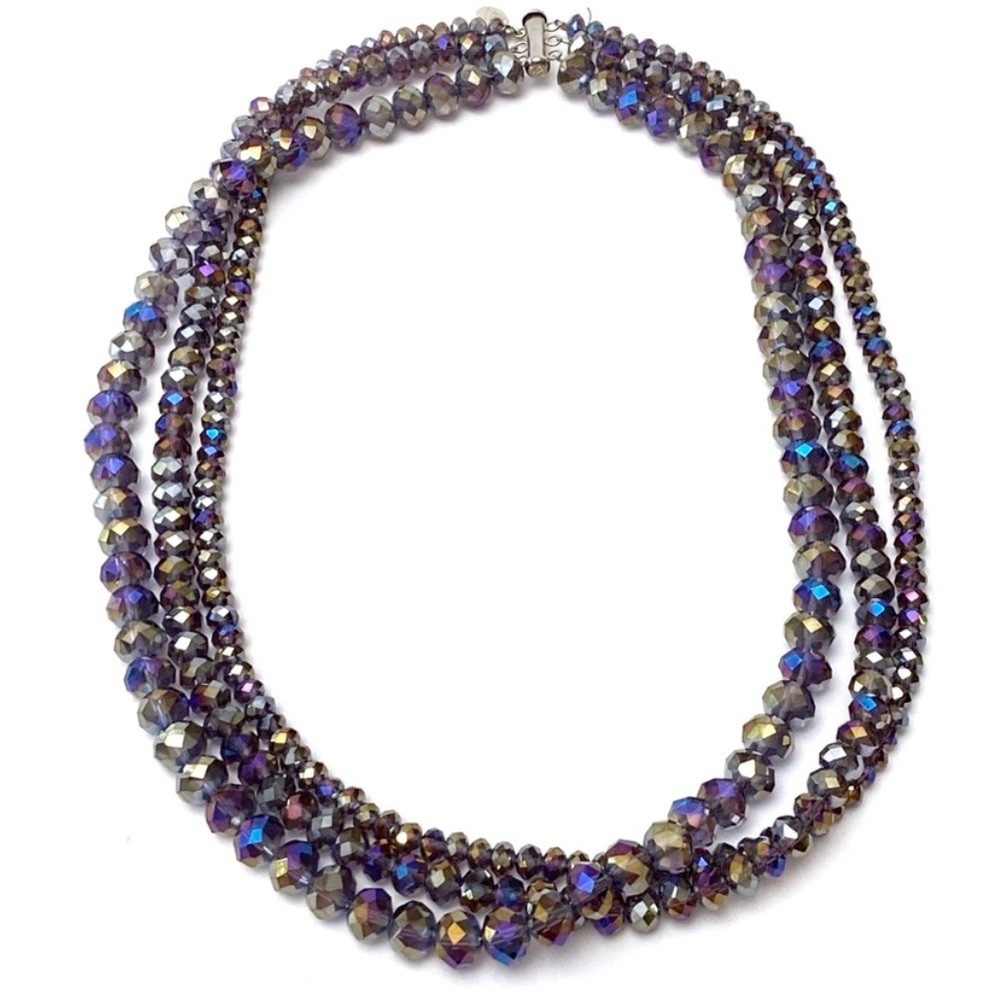 Donna Dressler Purple AB Swarovski Crystal Beaded 3 Strand 925 Clasp Necklace